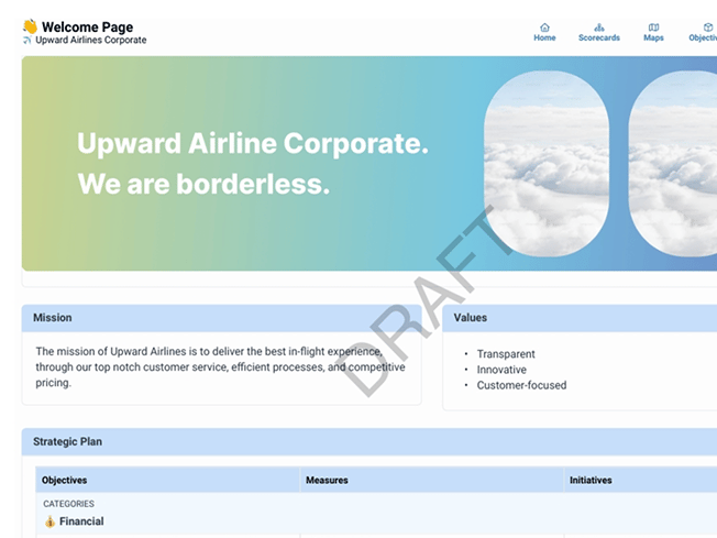 ClearPoint Welcome Page with company banner, mission, values and strategic plan table (Upward Airlines demo data)
