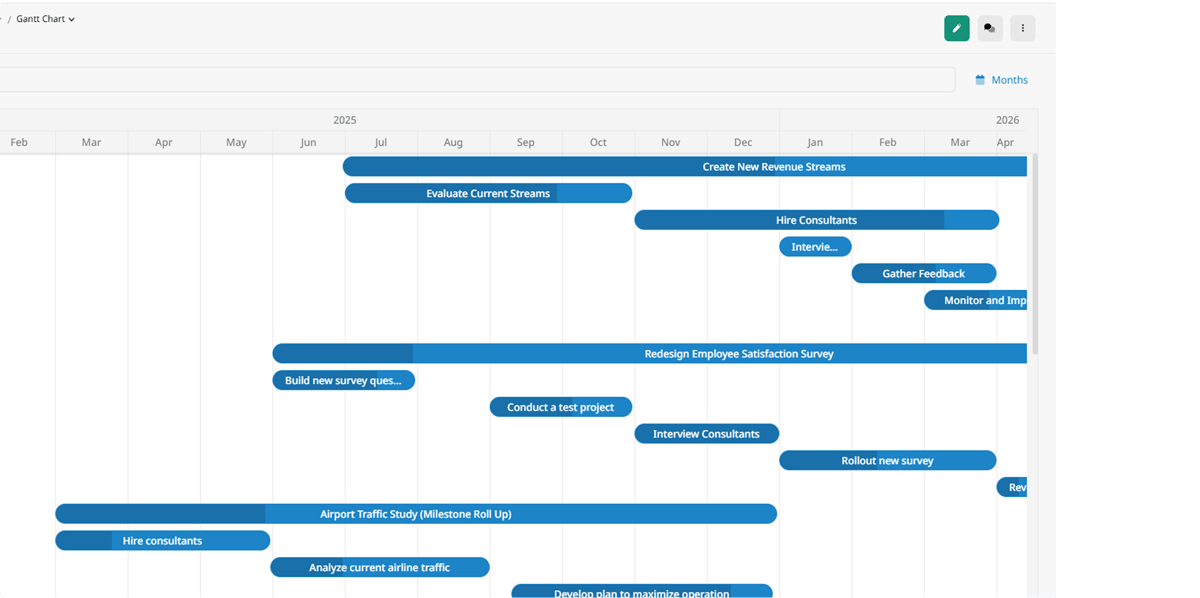 ClearPoint Gantt chart showing initiatives and milestones as bars on a monthly timeline (demo data)