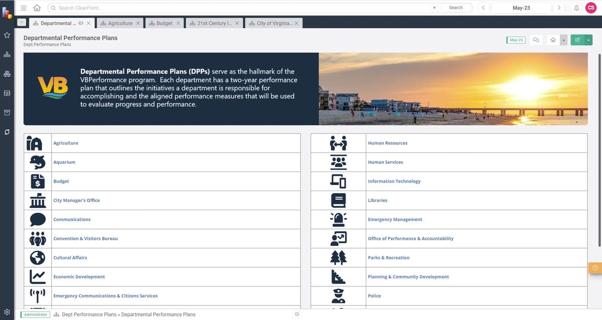 Virginia Beach Departmental Performance Plans page in ClearPoint, linking to each city department's plan