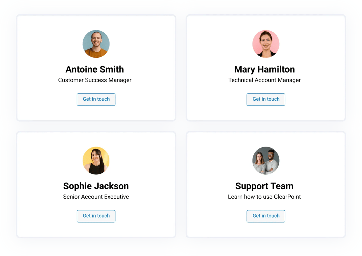 ClearPoint contact cards for a customer success manager, technical account manager, senior account executive and support team