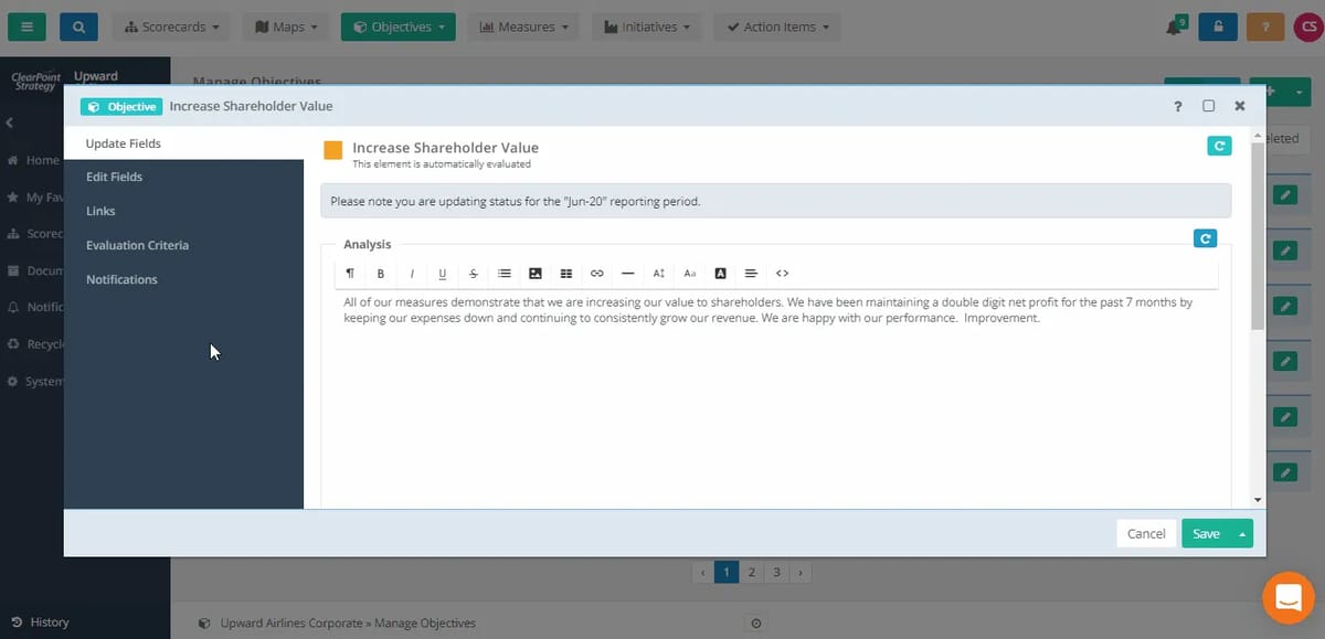 ClearPoint update window for the Increase Shareholder Value objective, with its analysis field being edited