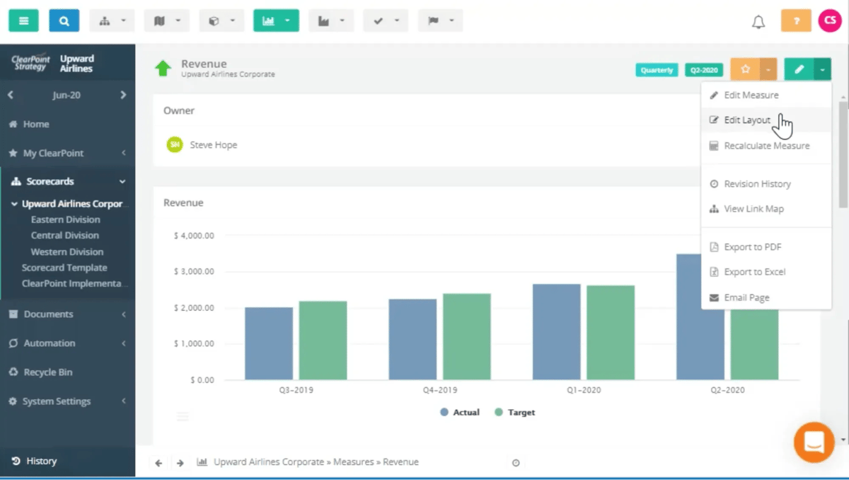 ClearPoint Revenue measure report with an actual vs target chart and the edit menu open on Edit Layout