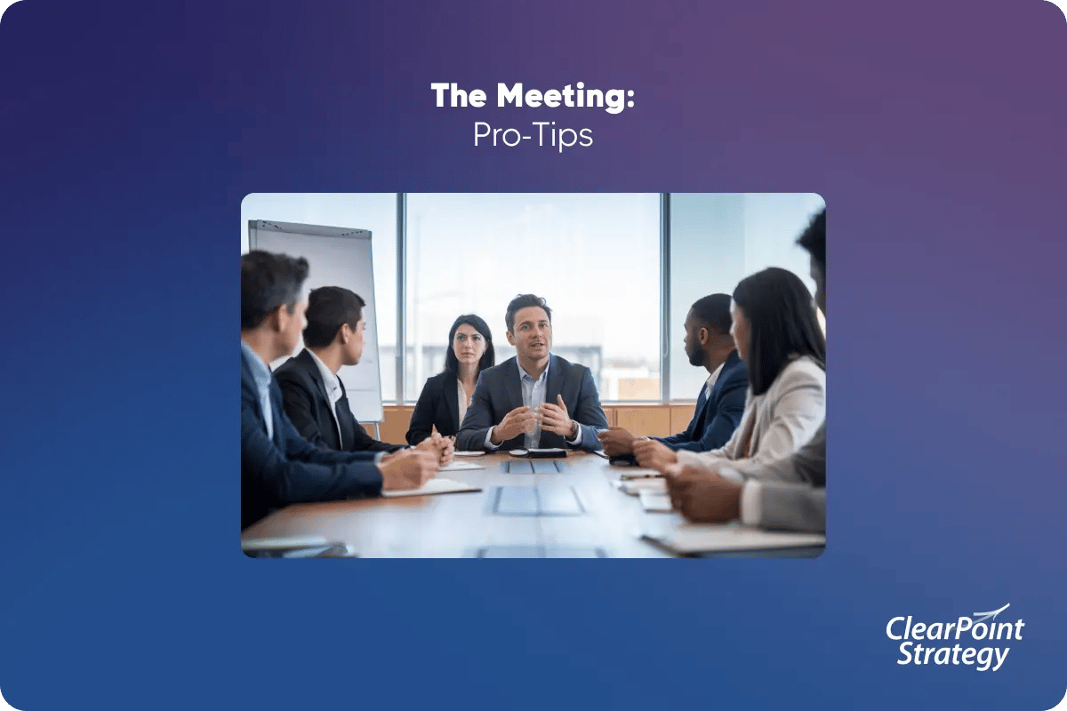 The Meeting: Pro-Tips title card with a team meeting around a conference table