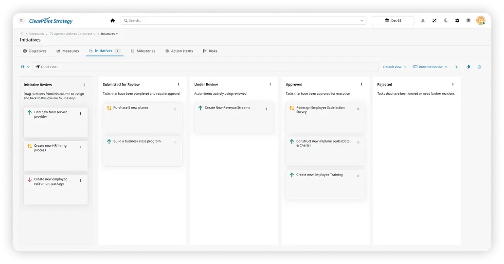 ClearPoint software Kanban Board view