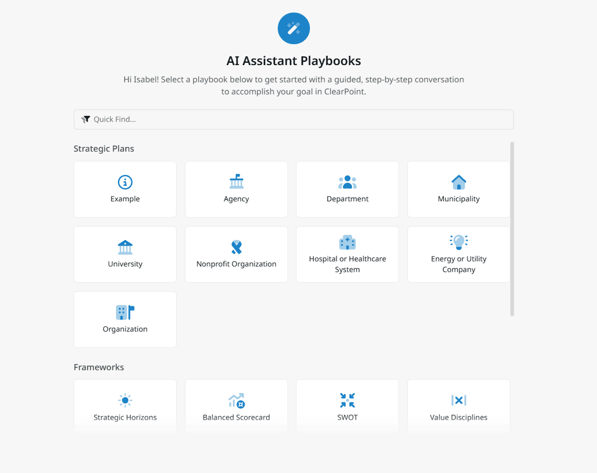 ClearPoint Next AI Assistant Playbooks dashboard showing various strategic plan templates for agencies, departments, municipalities, and healthcare systems.