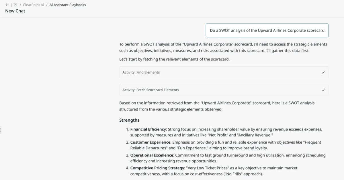 ClearPoint AI Assistant performing a SWOT analysis for Upward Airlines Corporate by automatically fetching scorecard elements and identifying strengths.