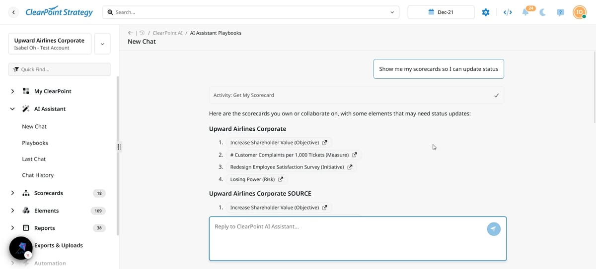 Conversational AI interface in ClearPoint Next allowing users to view and update the status of objectives, measures, and risks like "Losing Power."