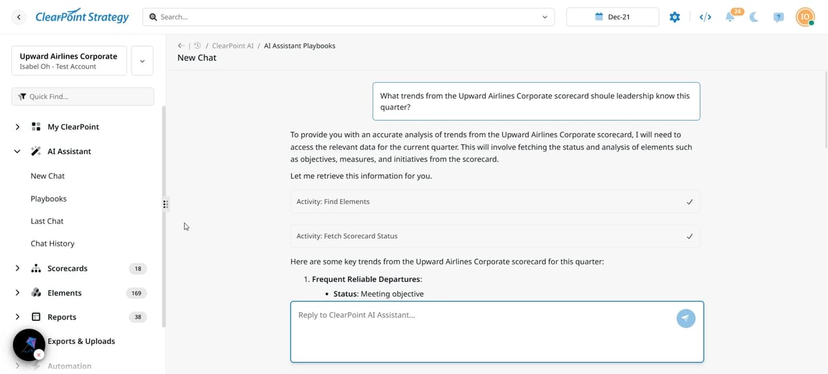 ClearPoint AI Assistant answering a leadership query about quarterly trends by analyzing the status of "Frequent Reliable Departures" objectives.