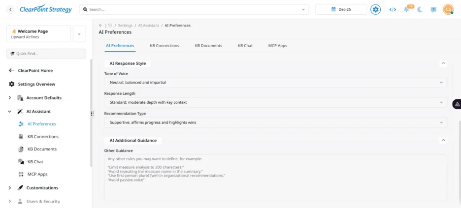 Customization settings for ClearPoint AI Assistant allowing users to set tone of voice, response length, and specific organizational writing guidelines.
