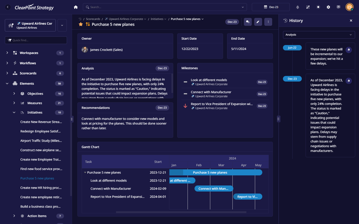 ClearPoint initiative page in dark mode with owner, analysis, milestones, Gantt chart and a dated analysis history panel