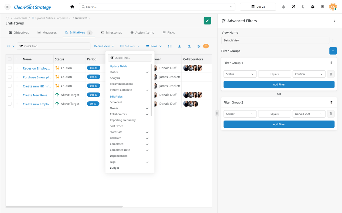 ClearPoint initiatives list with the Advanced Filters panel open, filtering by status and owner