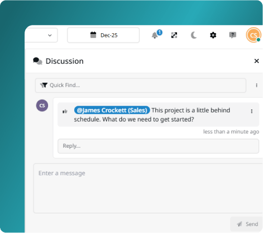 ClearPoint discussion panel with a comment @-mentioning the project owner about a project running behind schedule