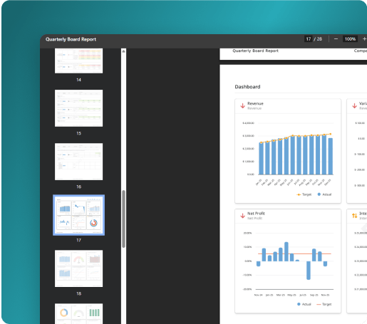 Quarterly Board Report briefing book in a PDF viewer, with page thumbnails and a dashboard page of revenue and profit charts