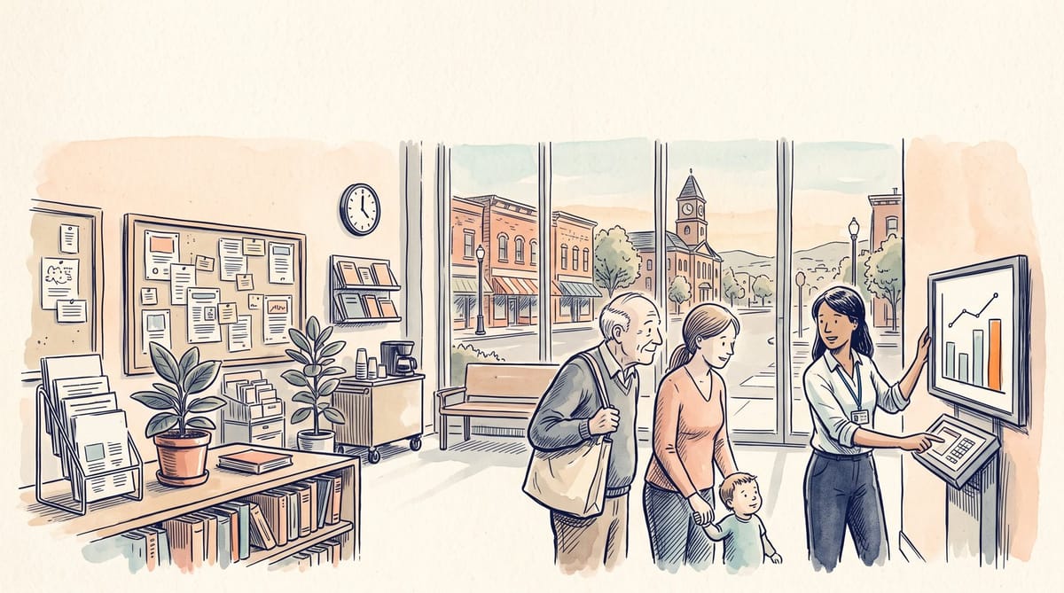 Staff member showing residents a progress chart on a public touchscreen kiosk (illustration)