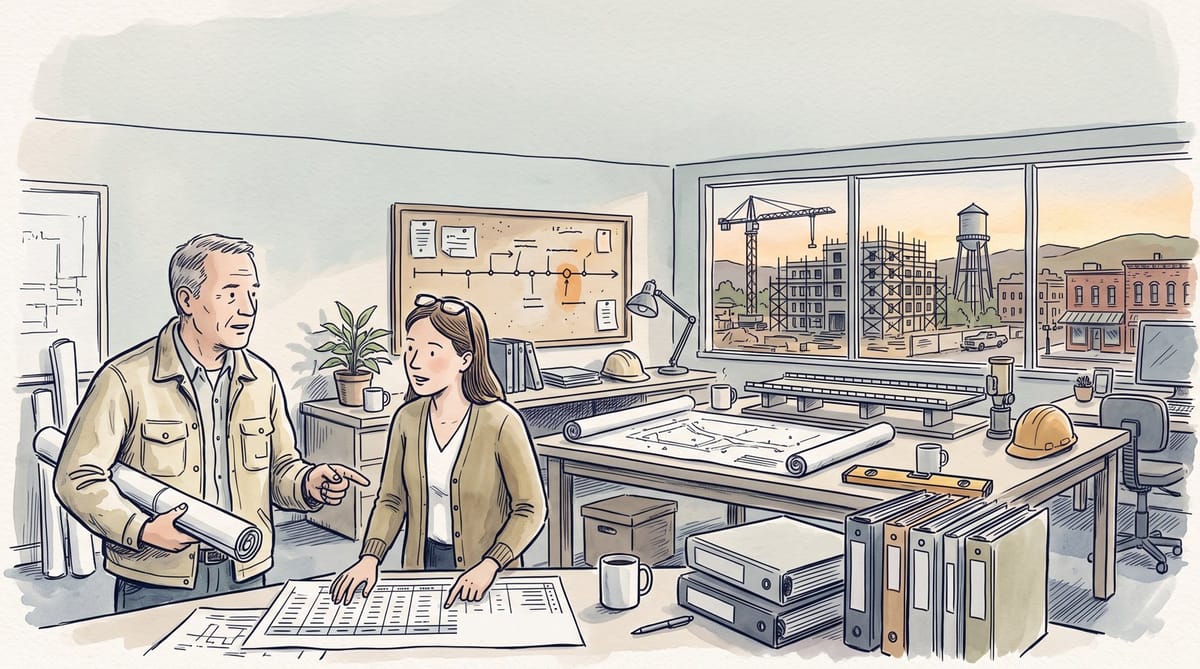 Two colleagues reviewing construction plans in an office overlooking a building site (illustration)