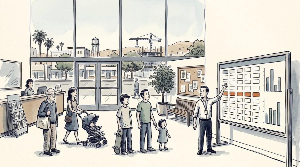 Residents reading a city's public capital project dashboard on a screen in a civic space