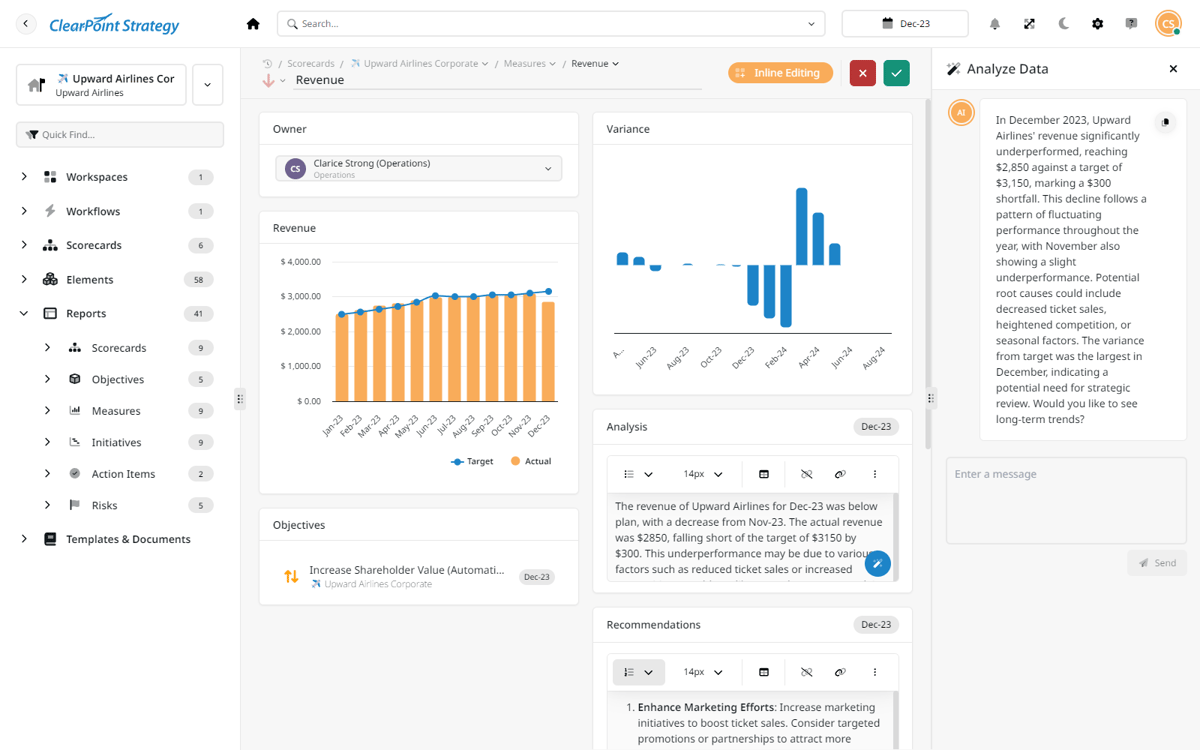 Analyze Data panel explaining a measure variance