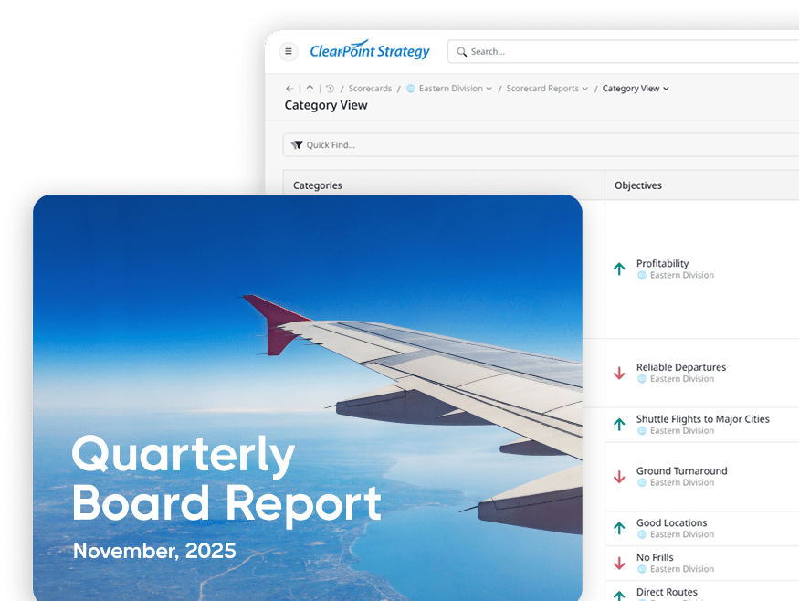Quarterly Board Report cover over a ClearPoint scorecard category view listing objectives with status arrows