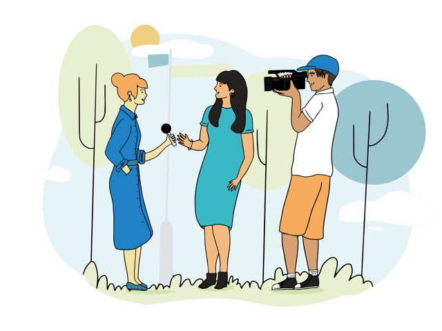 Illustration of woman interviewing woman with cameraman